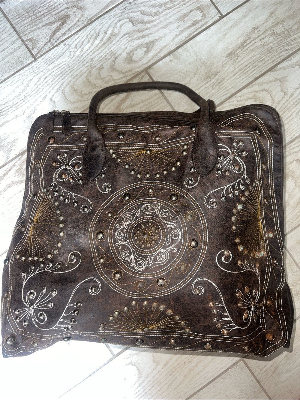 Handcrafted Brown Embossed Leather Tote Bag
